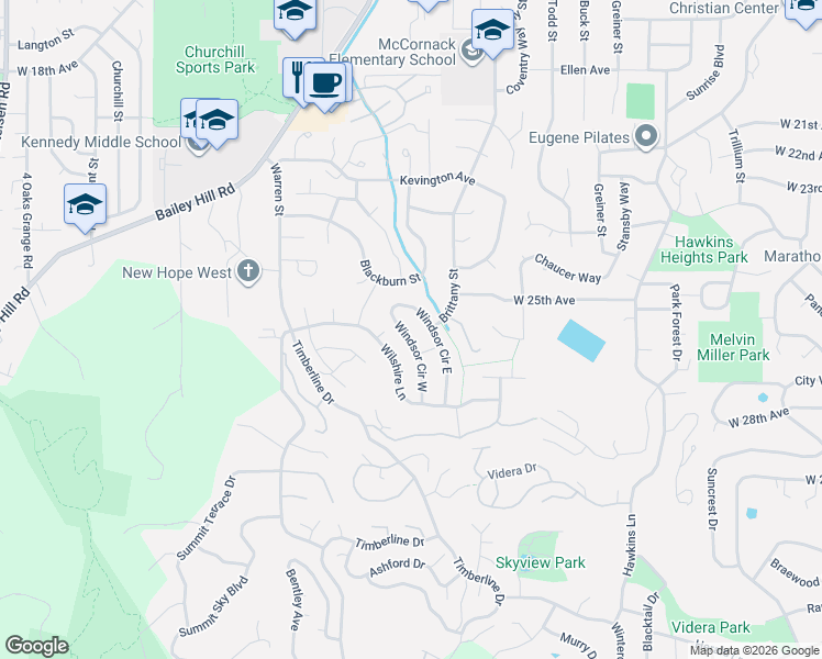 map of restaurants, bars, coffee shops, grocery stores, and more near 2581 Windsor Circle West in Eugene