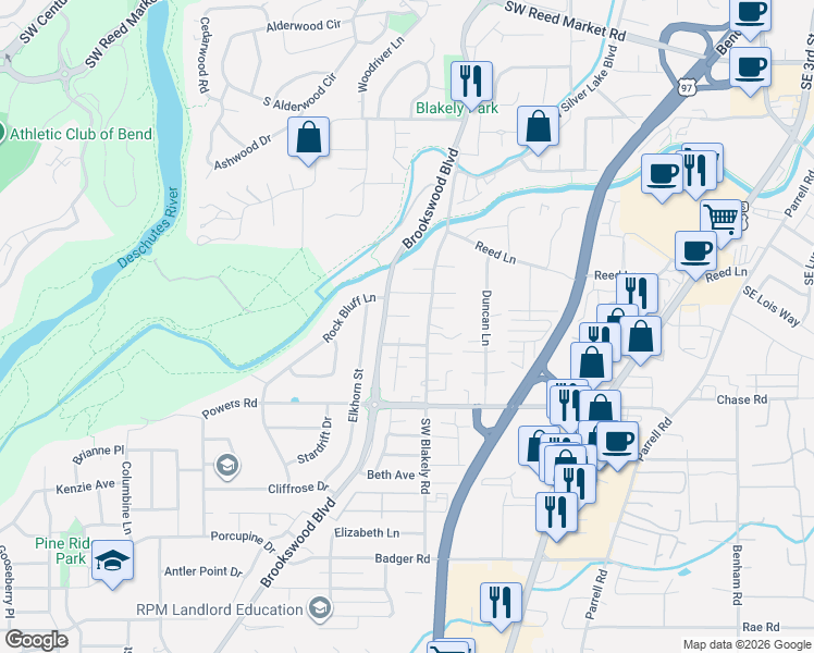 map of restaurants, bars, coffee shops, grocery stores, and more near 20062 Southwest Millbrook Lane in Bend