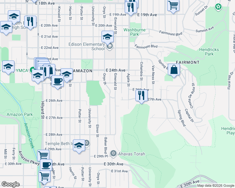 map of restaurants, bars, coffee shops, grocery stores, and more near 2599 Onyx Street in Eugene