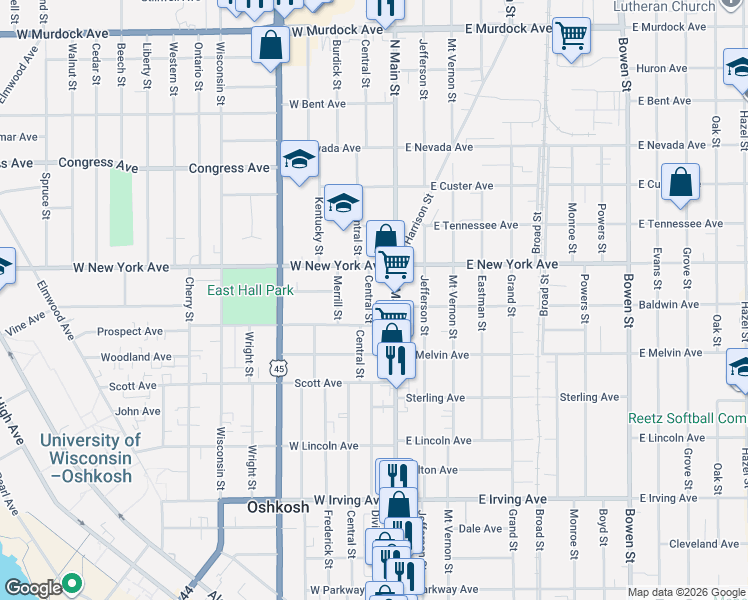 map of restaurants, bars, coffee shops, grocery stores, and more near 1121 Central Street in Oshkosh