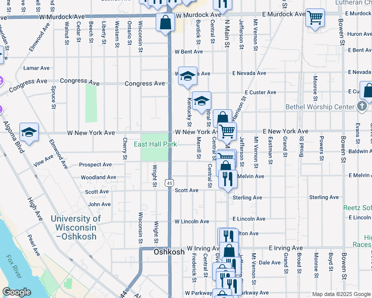 map of restaurants, bars, coffee shops, grocery stores, and more near 1121 Merrill Street in Oshkosh