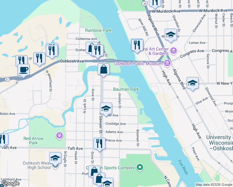 map of restaurants, bars, coffee shops, grocery stores, and more near 1021 Buchanan Avenue in Oshkosh