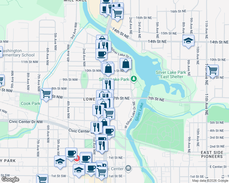 map of restaurants, bars, coffee shops, grocery stores, and more near 717 1st Avenue Northwest in Rochester