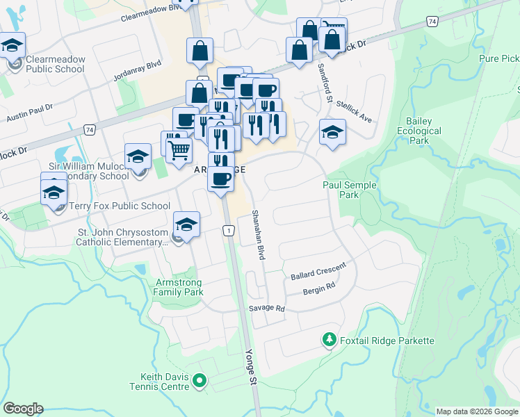 map of restaurants, bars, coffee shops, grocery stores, and more near 719 Shanahan Boulevard in Newmarket