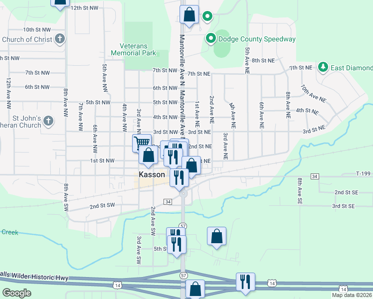map of restaurants, bars, coffee shops, grocery stores, and more near 108 Mantorville Avenue North in Kasson