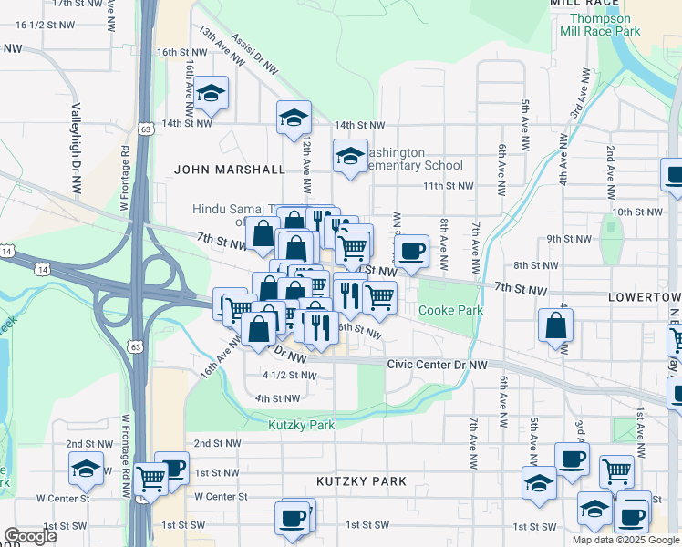 map of restaurants, bars, coffee shops, grocery stores, and more near 1010 7th Street Northwest in Rochester