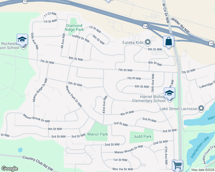 map of restaurants, bars, coffee shops, grocery stores, and more near 500 43rd Avenue Northwest in Rochester