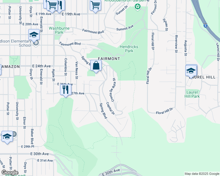 map of restaurants, bars, coffee shops, grocery stores, and more near 2660 Cresta De Ruta Street in Eugene
