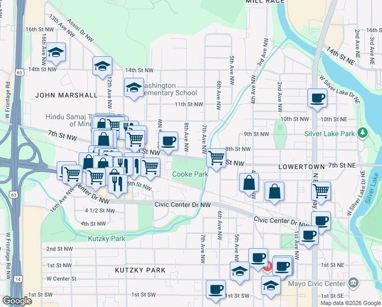 map of restaurants, bars, coffee shops, grocery stores, and more near 727 7th Street Northwest in Rochester