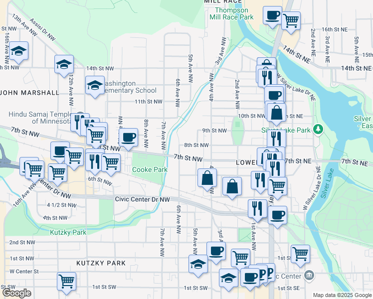 map of restaurants, bars, coffee shops, grocery stores, and more near 516 8th Street Northwest in Rochester