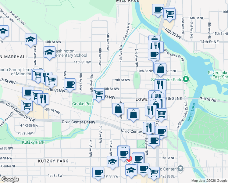 map of restaurants, bars, coffee shops, grocery stores, and more near 418 8th Street Northwest in Rochester