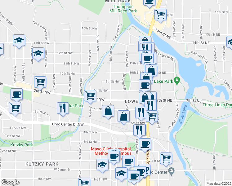 map of restaurants, bars, coffee shops, grocery stores, and more near 232 8th Street Northwest in Rochester