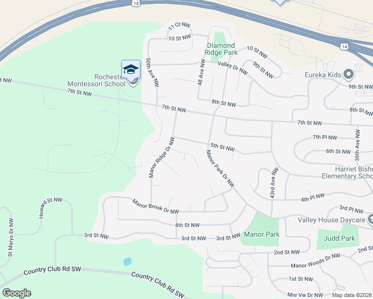 map of restaurants, bars, coffee shops, grocery stores, and more near 4805 Manor Point Lane Northwest in Rochester