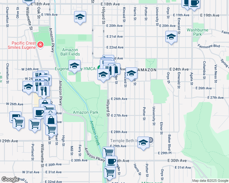 map of restaurants, bars, coffee shops, grocery stores, and more near 2552 Alder Street in Eugene