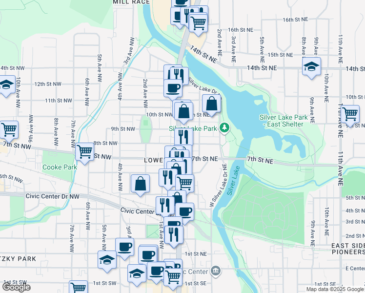 map of restaurants, bars, coffee shops, grocery stores, and more near in Rochester