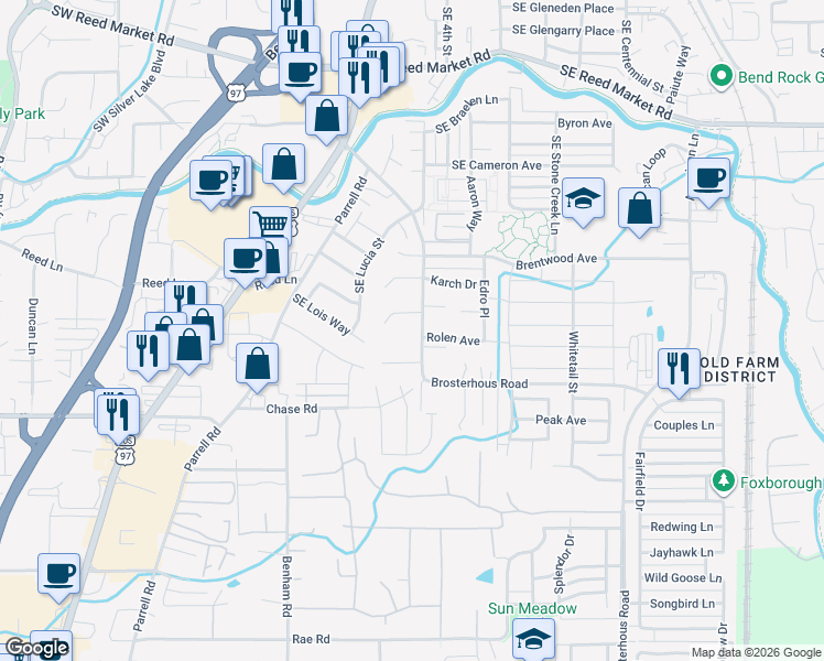 map of restaurants, bars, coffee shops, grocery stores, and more near 61435 Brosterhous Road in Bend