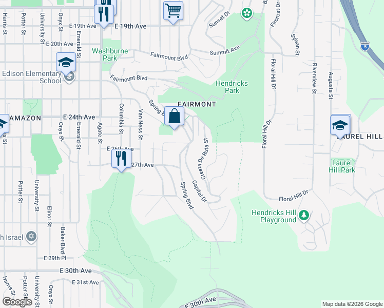 map of restaurants, bars, coffee shops, grocery stores, and more near 2660 Cresta De Ruta Street in Eugene