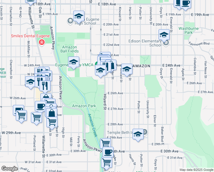 map of restaurants, bars, coffee shops, grocery stores, and more near 2569 Hilyard Street in Eugene