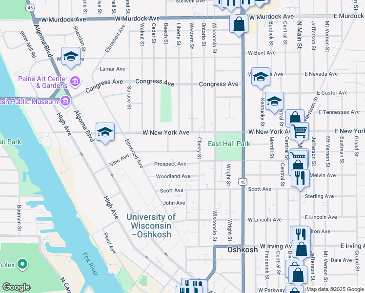 map of restaurants, bars, coffee shops, grocery stores, and more near 738 Vine Avenue in Oshkosh