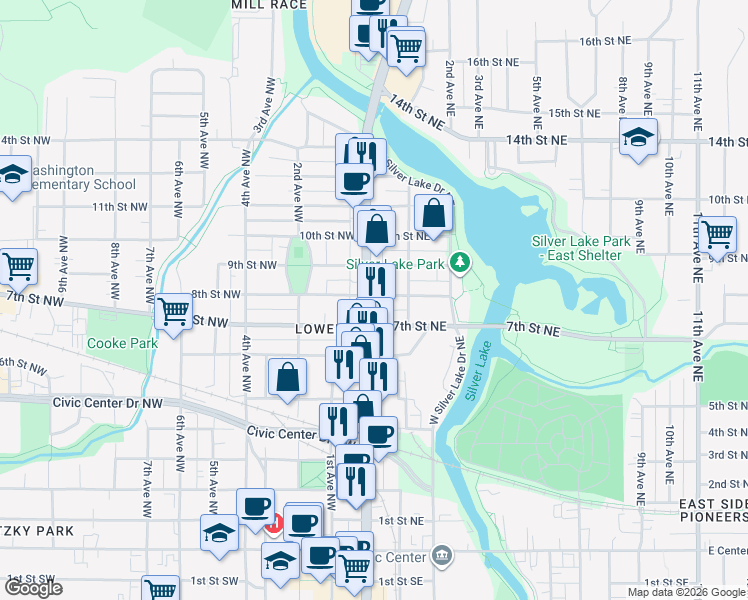map of restaurants, bars, coffee shops, grocery stores, and more near in Rochester