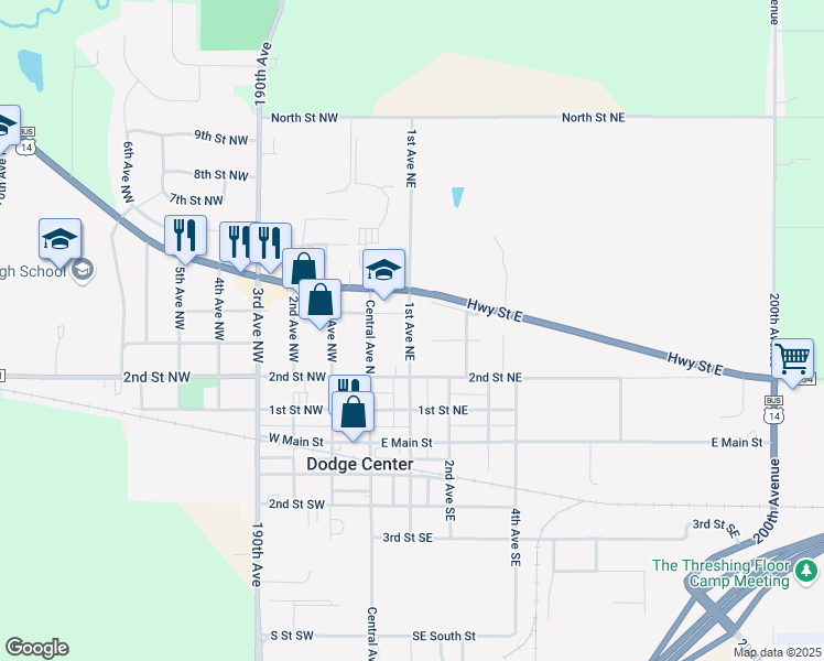 map of restaurants, bars, coffee shops, grocery stores, and more near 302 1st Avenue Northeast in Dodge Center