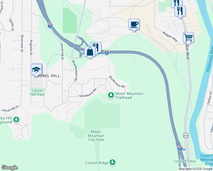 map of restaurants, bars, coffee shops, grocery stores, and more near 2646 Cascara Drive in Eugene