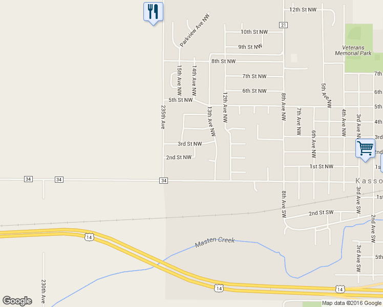 map of restaurants, bars, coffee shops, grocery stores, and more near 201 14th Avenue Northwest in Kasson