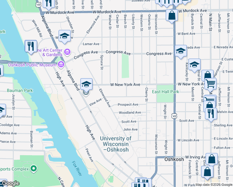 map of restaurants, bars, coffee shops, grocery stores, and more near 836 Vine Avenue in Oshkosh