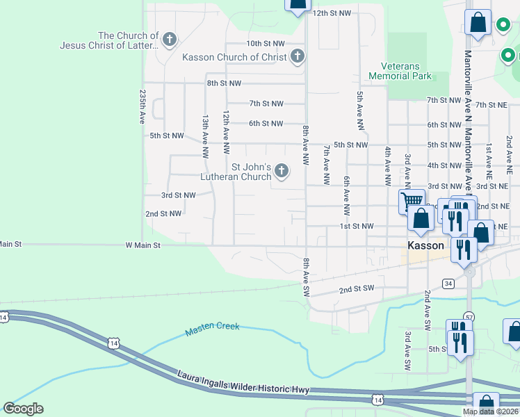 map of restaurants, bars, coffee shops, grocery stores, and more near 1001 2nd Place Northwest in Kasson