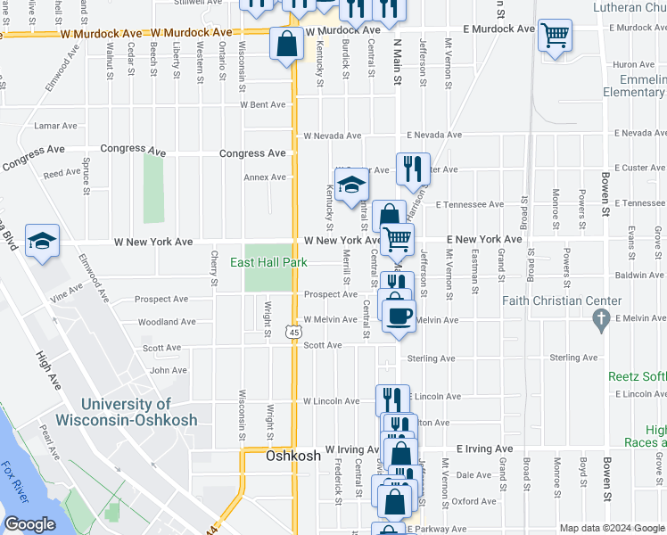 map of restaurants, bars, coffee shops, grocery stores, and more near 327 Saratoga Avenue in Oshkosh