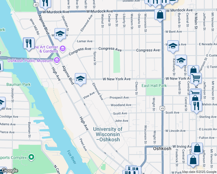 map of restaurants, bars, coffee shops, grocery stores, and more near 848 Vine Avenue in Oshkosh