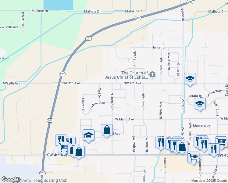 map of restaurants, bars, coffee shops, grocery stores, and more near 276 Northwest 22nd Street in Ontario