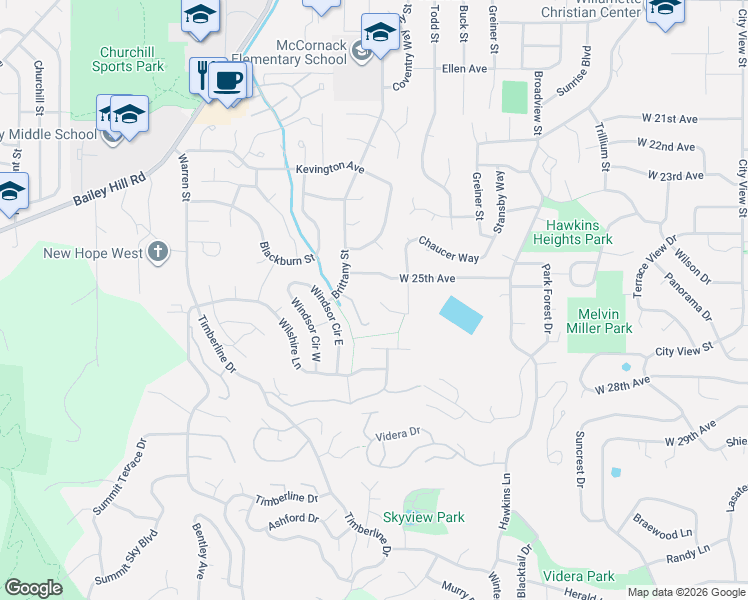 map of restaurants, bars, coffee shops, grocery stores, and more near 2575 Chaucer Court in Eugene