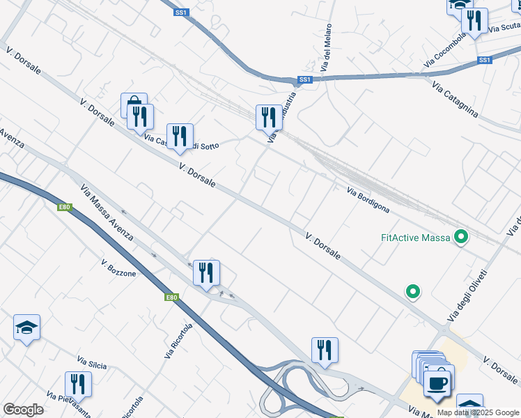 map of restaurants, bars, coffee shops, grocery stores, and more near 17 Via Dorsale in Massa