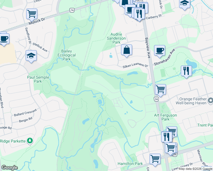 map of restaurants, bars, coffee shops, grocery stores, and more near 727 Madeline Heights in Newmarket