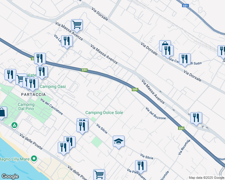 map of restaurants, bars, coffee shops, grocery stores, and more near 69 Via dei Campeggi in Marina di Massa