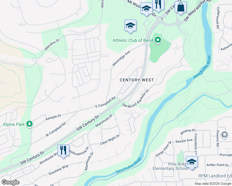 map of restaurants, bars, coffee shops, grocery stores, and more near 61415 Elder Ridge Street in Bend