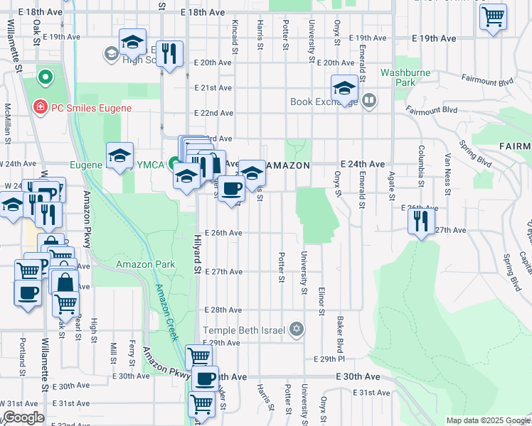map of restaurants, bars, coffee shops, grocery stores, and more near 2560 Harris Street in Eugene