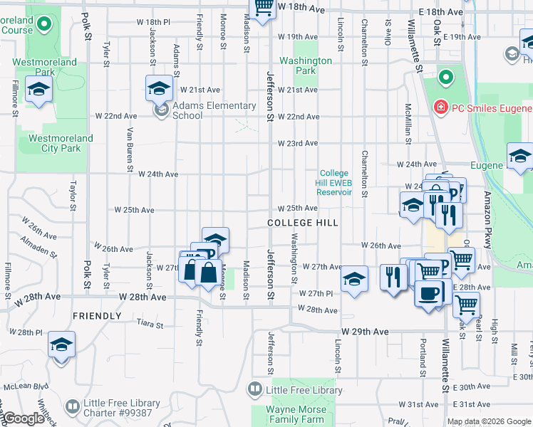 map of restaurants, bars, coffee shops, grocery stores, and more near 645 West 25th Place in Eugene