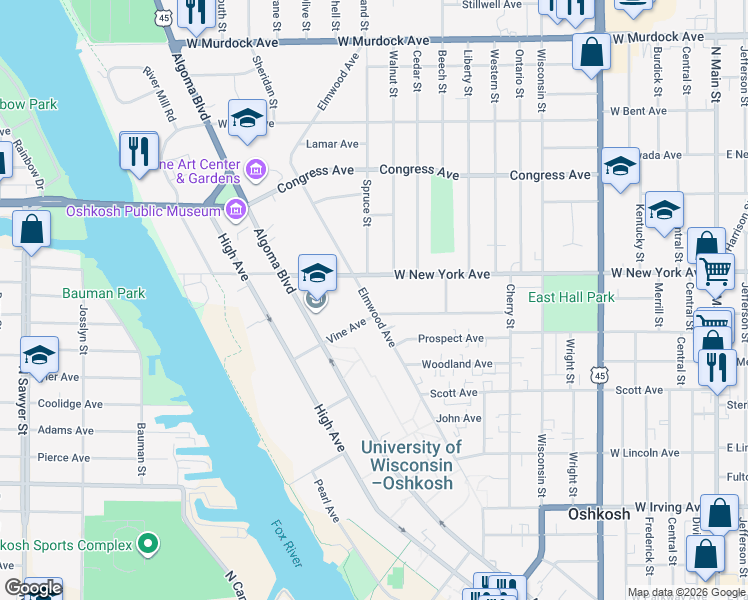 map of restaurants, bars, coffee shops, grocery stores, and more near 1105 Elmwood Avenue in Oshkosh