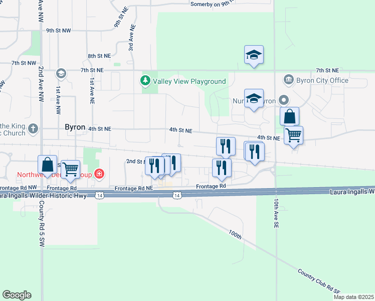 map of restaurants, bars, coffee shops, grocery stores, and more near 606 3rd Street Northeast in Byron