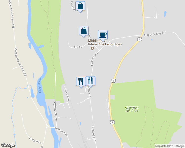 map of restaurants, bars, coffee shops, grocery stores, and more near 34 Exchange Street in Middlebury