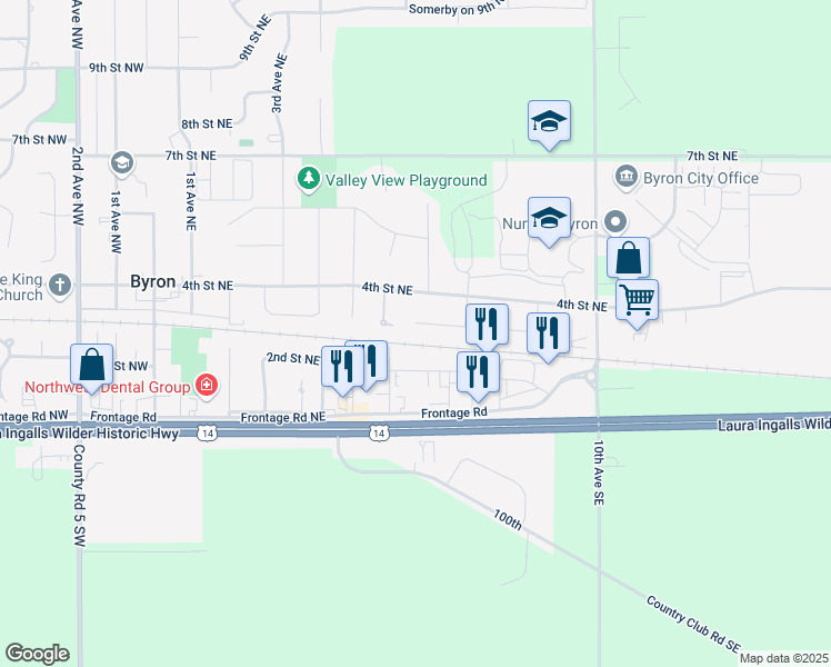map of restaurants, bars, coffee shops, grocery stores, and more near 606 3rd Street Northeast in Byron