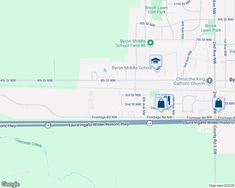 map of restaurants, bars, coffee shops, grocery stores, and more near 223 10th Avenue Northwest in Byron