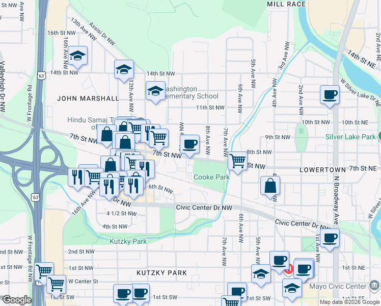 map of restaurants, bars, coffee shops, grocery stores, and more near 826 7th Street Northwest in Rochester