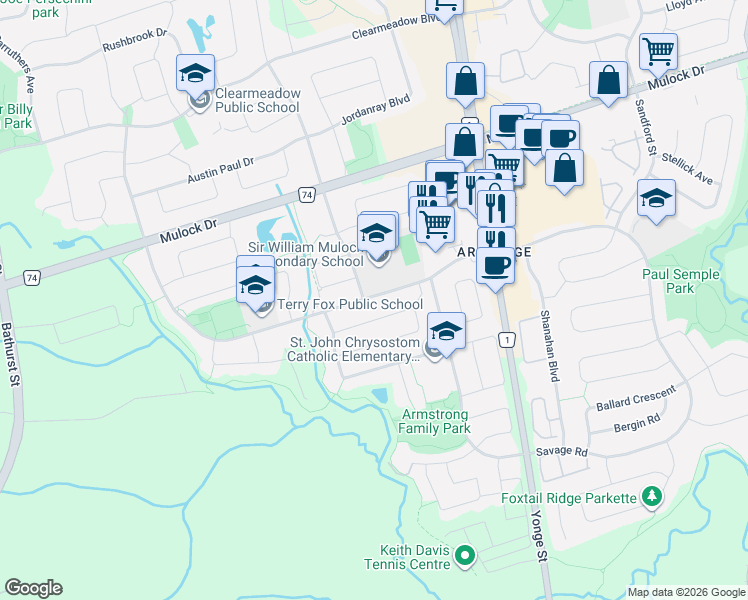 map of restaurants, bars, coffee shops, grocery stores, and more near 96 Sawmill Valley Drive in Newmarket