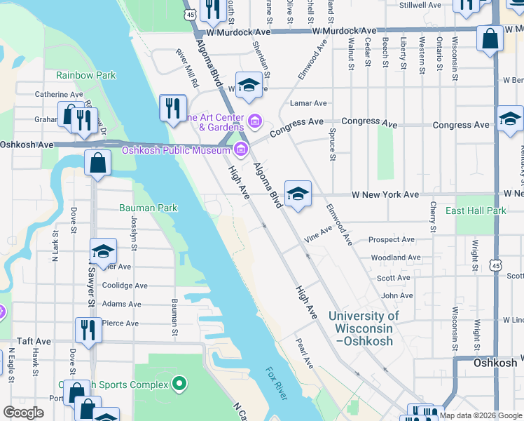 map of restaurants, bars, coffee shops, grocery stores, and more near 1174 High Avenue in Oshkosh