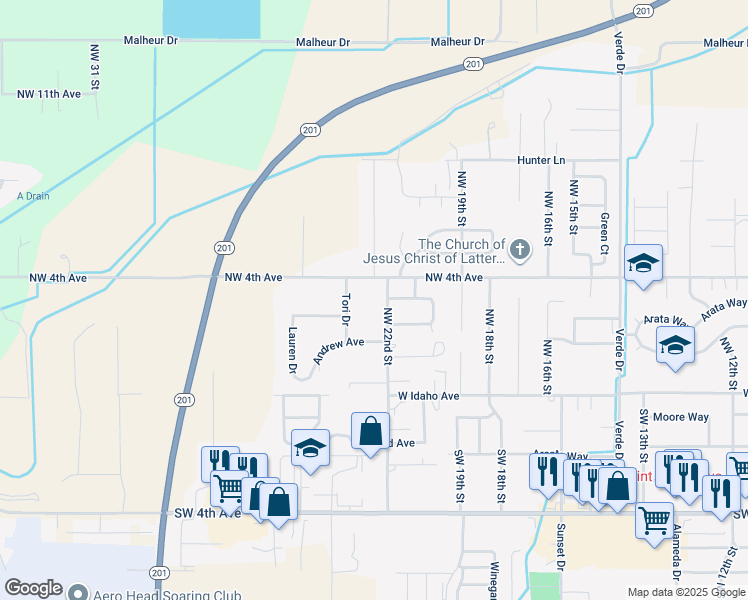 map of restaurants, bars, coffee shops, grocery stores, and more near 276 Northwest 22nd Street in Ontario