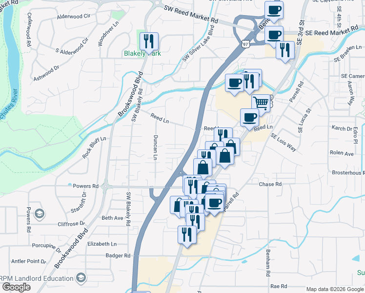 map of restaurants, bars, coffee shops, grocery stores, and more near 108 Bend Parkway in Bend