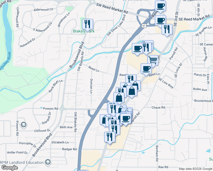 map of restaurants, bars, coffee shops, grocery stores, and more near 108 Bend Parkway in Bend